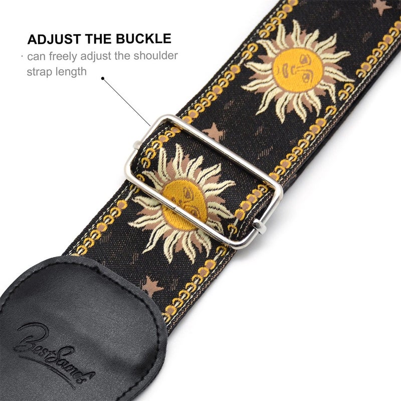 BestSounds C-150 Leather Adjustable Guitar Strap, Sun Jacquard Weave For Bass Electric and Acoustic Guitars, Black - Image 3